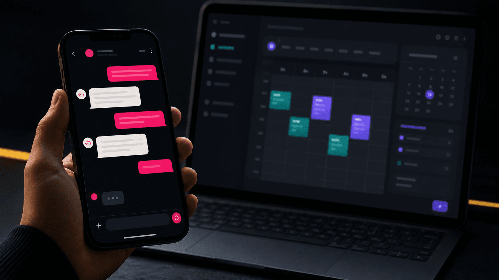 Celular exibindo uma conversa de whatsapp com atendimento automatizado por IA, ao lado de um laptop com o calendário de agendamentos da feito.dev