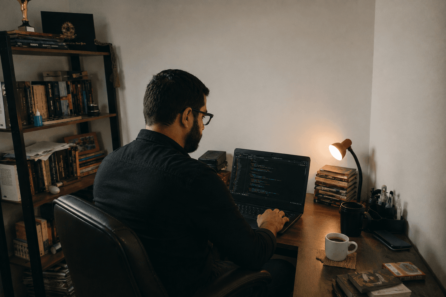 Fundador da feito.dev trabalhando em um laptop, em um home office iluminado por uma luminária de mesa